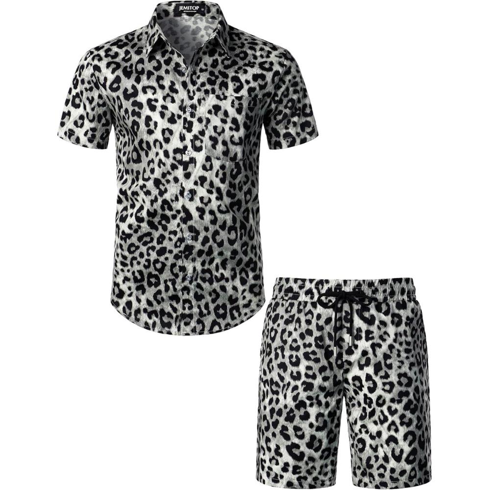 imageJEMITOP Mens 2 Piece Casual Cotton Stretchy Outfit Short Sleeve Button up Shirt and Shorts SetWhite Leopard