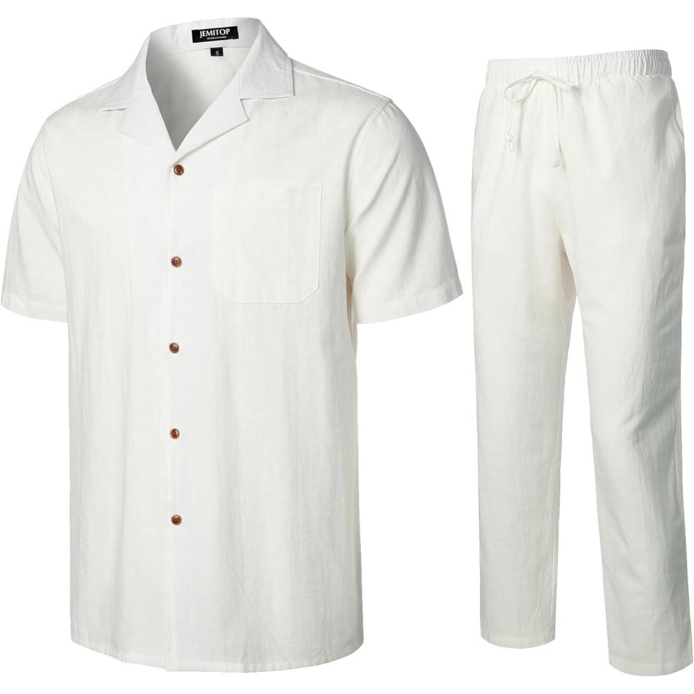 imageJEMITOP Mens 2 Piece Outfits Summer Relaxed Fit Walking Suit Casual Cuban Guayabera Shirt and Pants Set Beach VacationWhite