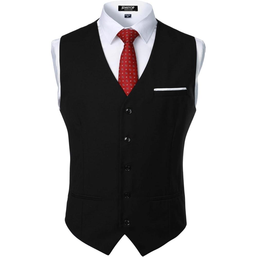 imageJEMITOP Mens Classic Slim Fit Dress Vest Formal Wedding Prom Tuxedo Suit Vest with PocketBlack White