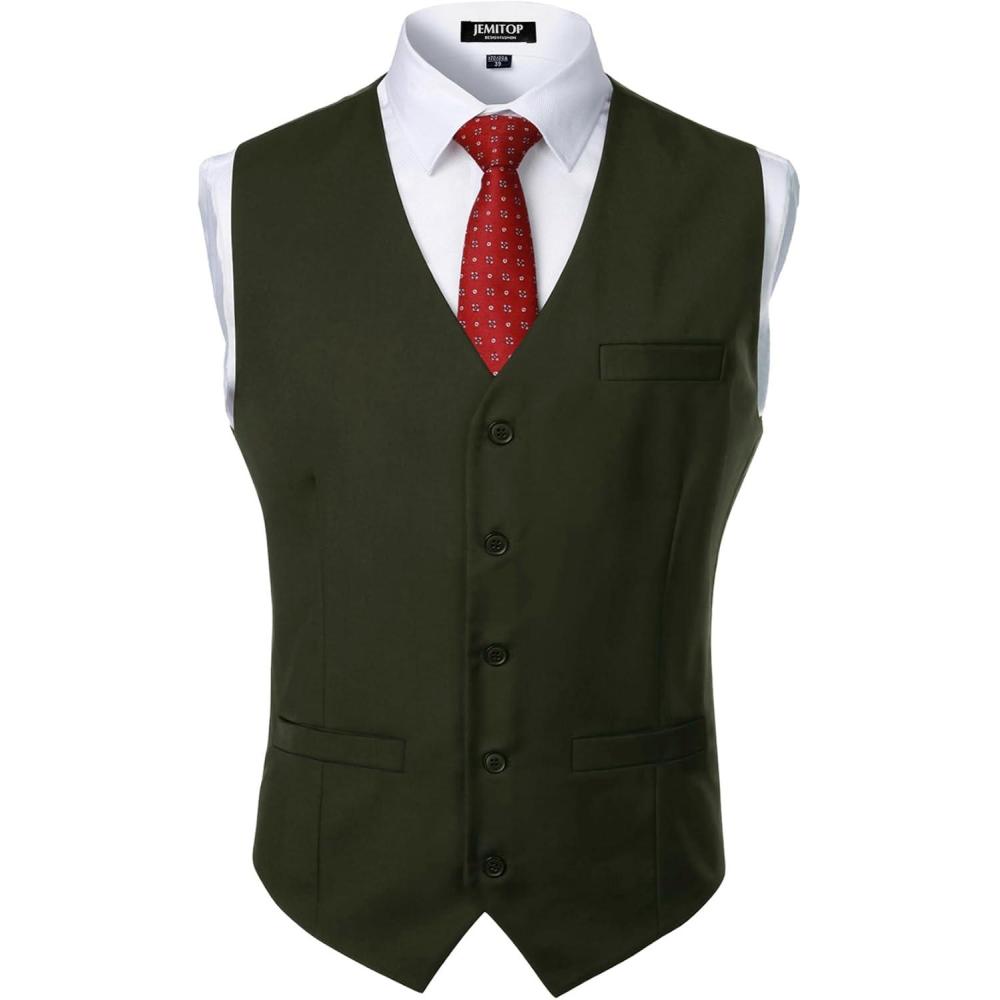 imageJEMITOP Mens Classic Slim Fit Dress Vest Formal Wedding Prom Tuxedo Suit Vest with PocketDark Green