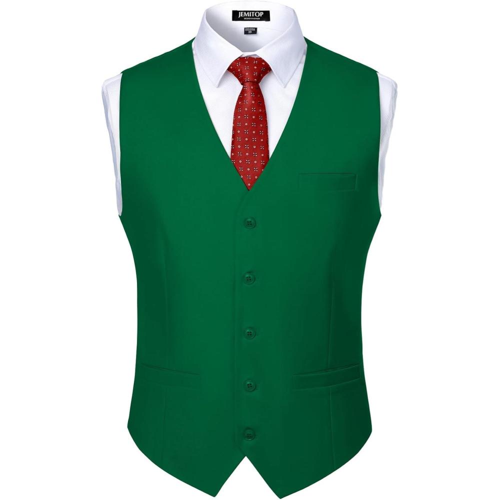 imageJEMITOP Mens Classic Slim Fit Dress Vest Formal Wedding Prom Tuxedo Suit Vest with PocketGreen