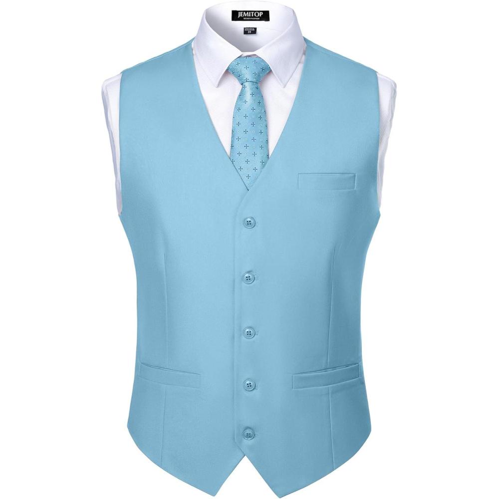 imageJEMITOP Mens Classic Slim Fit Dress Vest Formal Wedding Prom Tuxedo Suit Vest with PocketLight Blue