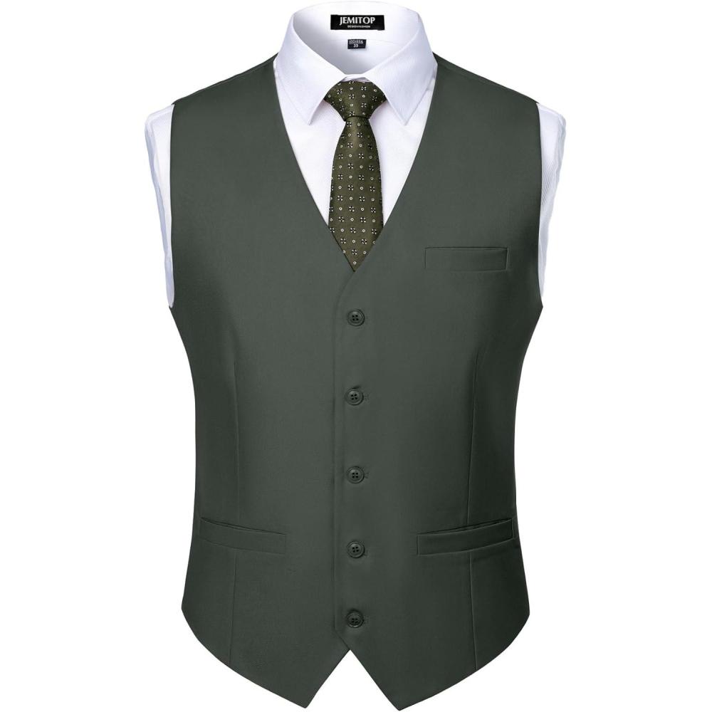 imageJEMITOP Mens Classic Slim Fit Dress Vest Formal Wedding Prom Tuxedo Suit Vest with PocketOlive Green