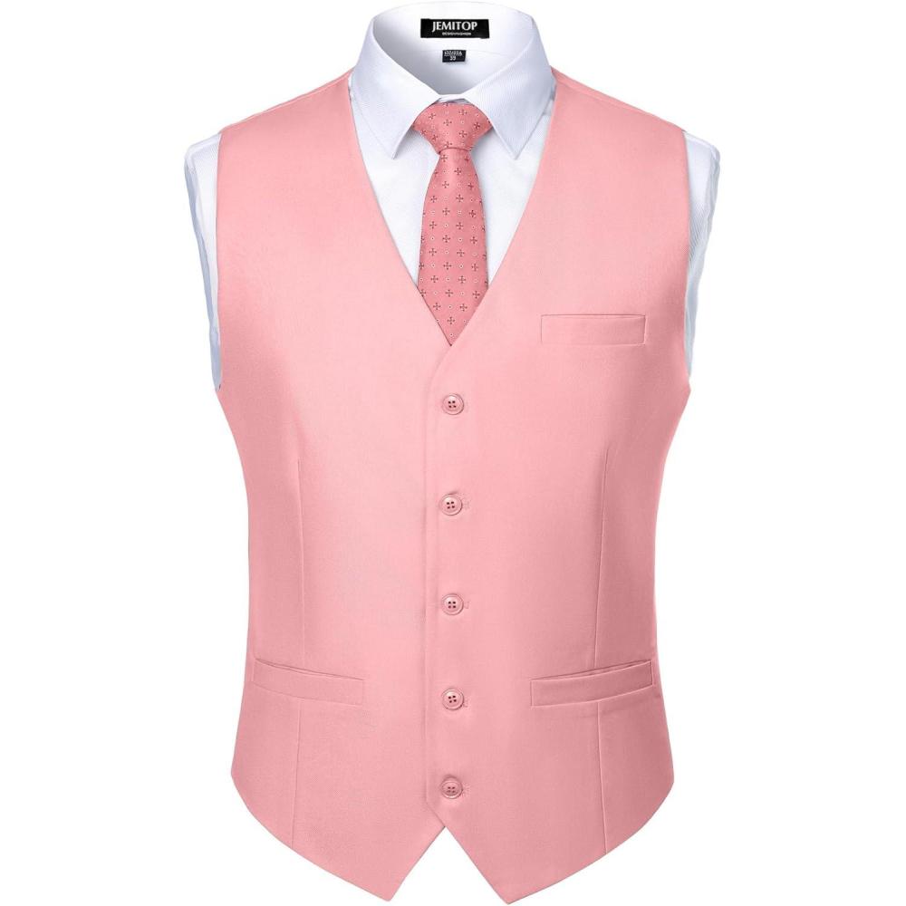 imageJEMITOP Mens Classic Slim Fit Dress Vest Formal Wedding Prom Tuxedo Suit Vest with PocketPink