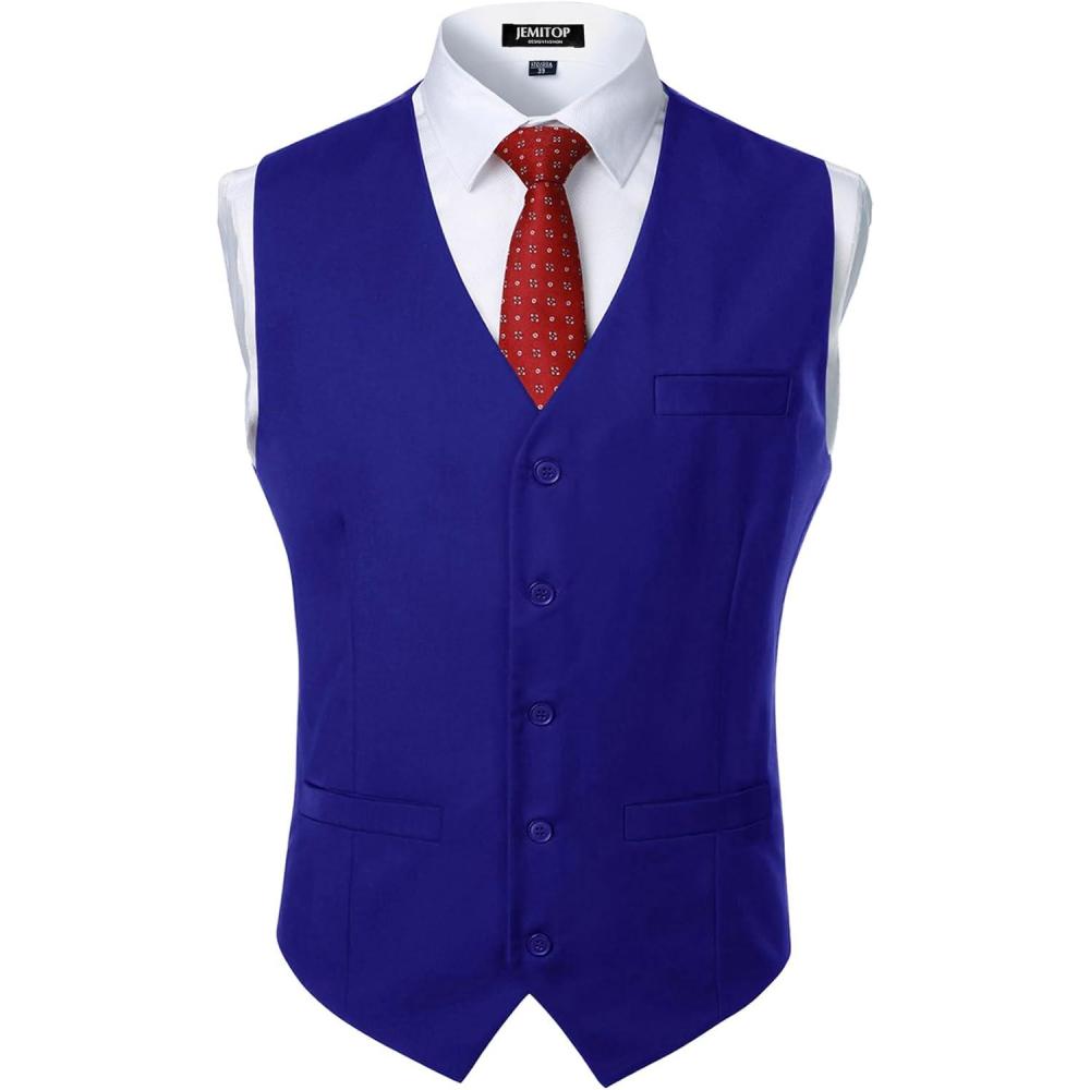 imageJEMITOP Mens Classic Slim Fit Dress Vest Formal Wedding Prom Tuxedo Suit Vest with PocketRoyal Blue