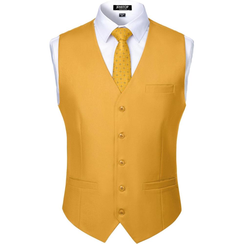 imageJEMITOP Mens Classic Slim Fit Dress Vest Formal Wedding Prom Tuxedo Suit Vest with PocketYellow