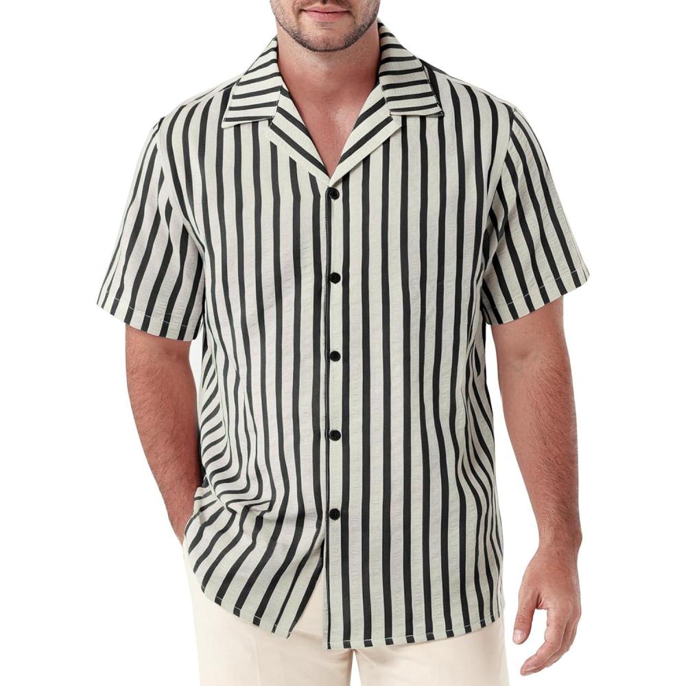 imageJEMITOP Mens Classic Striped Seersucker Cuban Collar Shirt Short Sleeve Button Down Texture Shirts for Beach VacationBlack