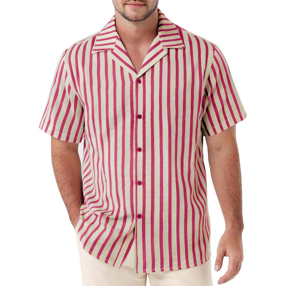 imageJEMITOP Mens Classic Striped Seersucker Cuban Collar Shirt Short Sleeve Button Down Texture Shirts for Beach VacationRed
