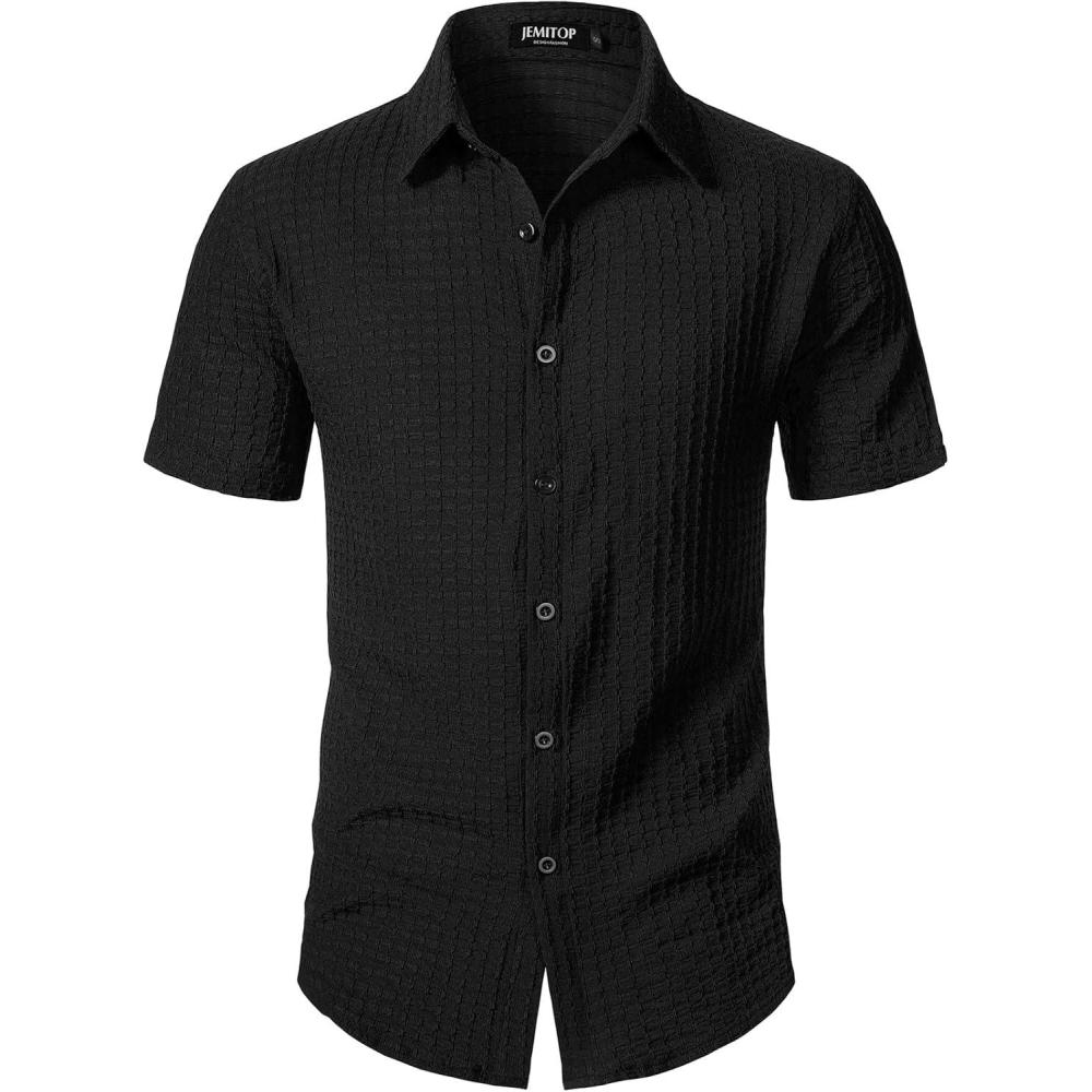imageJEMITOP Mens Knit Shirt Summer Casual Short Sleeve Button Down Shirt for Beach VacationBlack