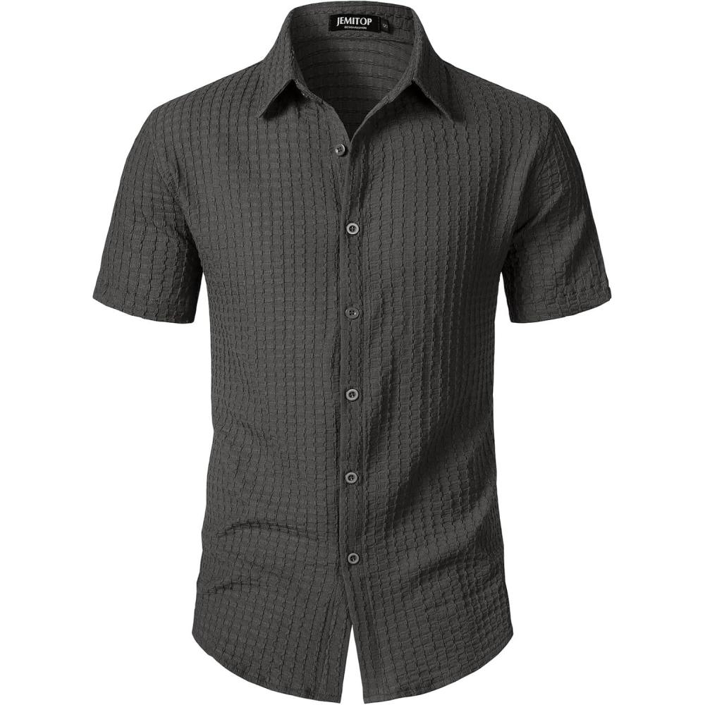 imageJEMITOP Mens Knit Shirt Summer Casual Short Sleeve Button Down Shirt for Beach VacationDark Grey