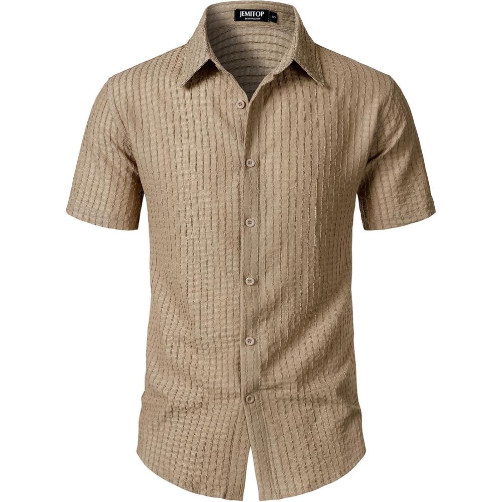 imageJEMITOP Mens Knit Shirt Summer Casual Short Sleeve Button Down Shirt for Beach VacationKhaki