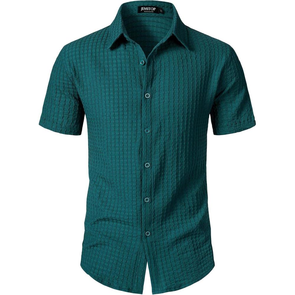 imageJEMITOP Mens Knit Shirt Summer Casual Short Sleeve Button Down Shirt for Beach VacationTeal