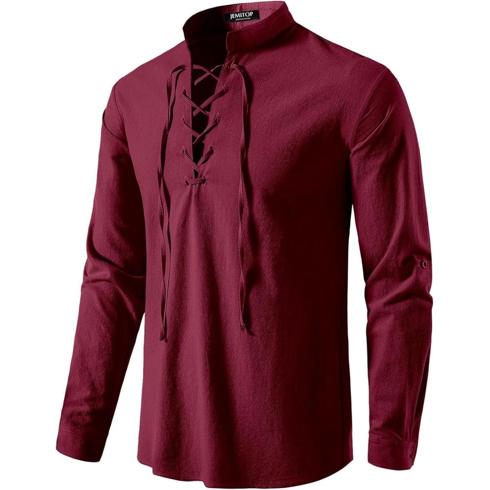 imageJEMITOP Mens Pure Cotton Retro Lace Up Shirts for Renaissance Pirate Medieval VikingBurgundy