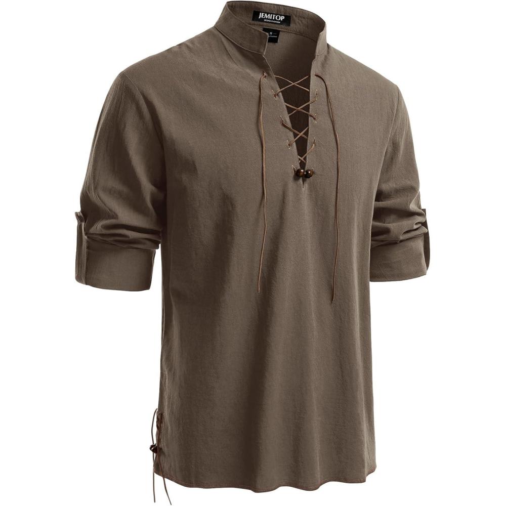 imageJEMITOP Mens Pure Cotton Retro Lace Up Shirts for Renaissance Pirate Medieval VikingCoffee Retro