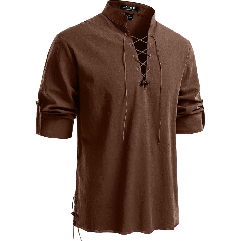 imageJEMITOP Mens Pure Cotton Retro Lace Up Shirts for Renaissance Pirate Medieval VikingDark Brown