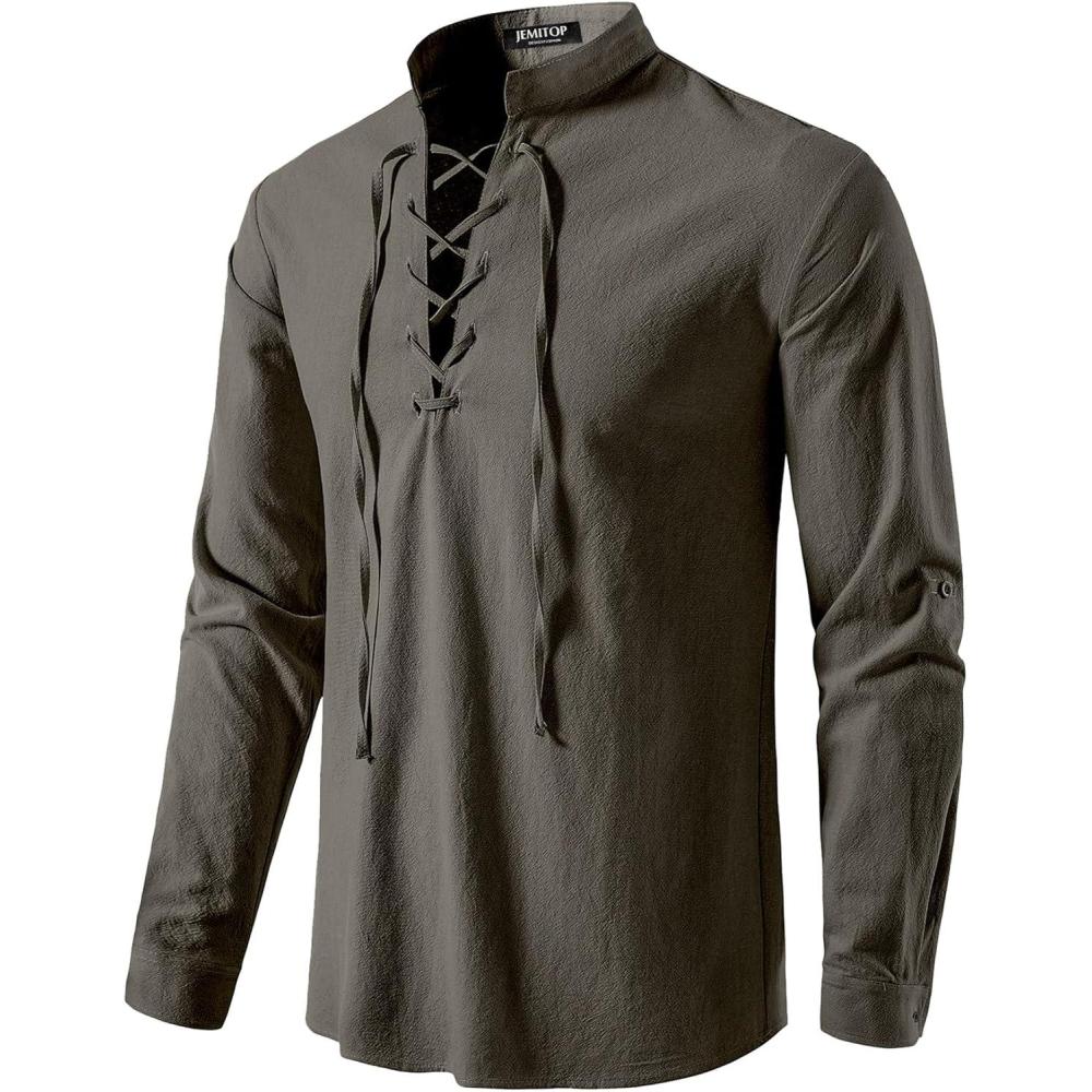 imageJEMITOP Mens Pure Cotton Retro Lace Up Shirts for Renaissance Pirate Medieval VikingDark Grey