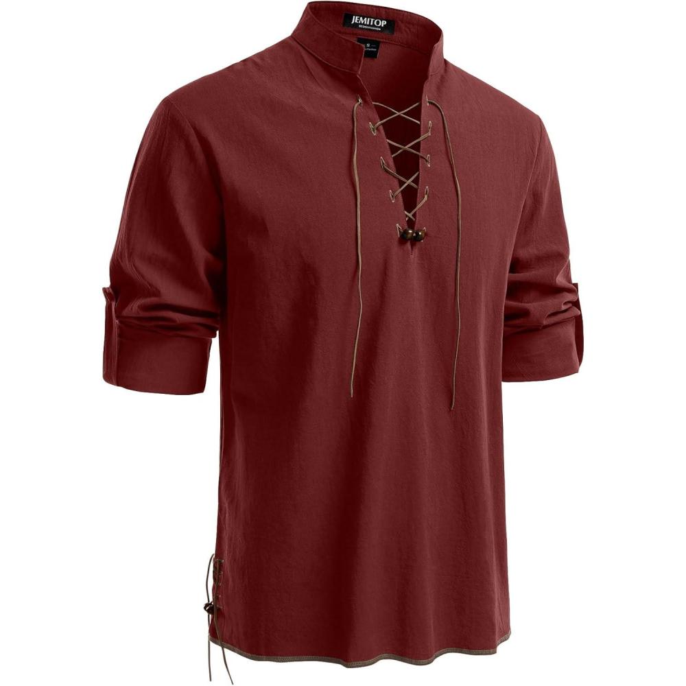 imageJEMITOP Mens Pure Cotton Retro Lace Up Shirts for Renaissance Pirate Medieval VikingRust Red