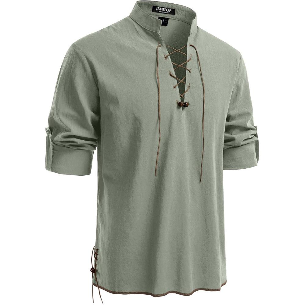 imageJEMITOP Mens Pure Cotton Retro Lace Up Shirts for Renaissance Pirate Medieval VikingSage Green