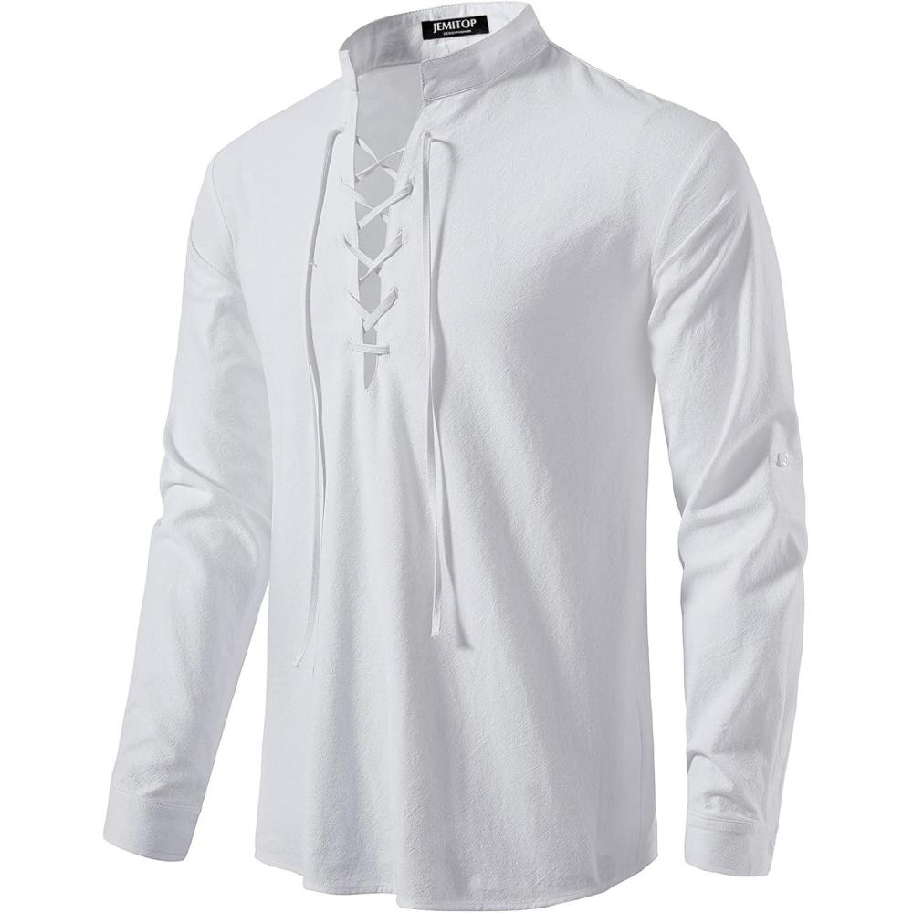 imageJEMITOP Mens Pure Cotton Retro Lace Up Shirts for Renaissance Pirate Medieval VikingWhite