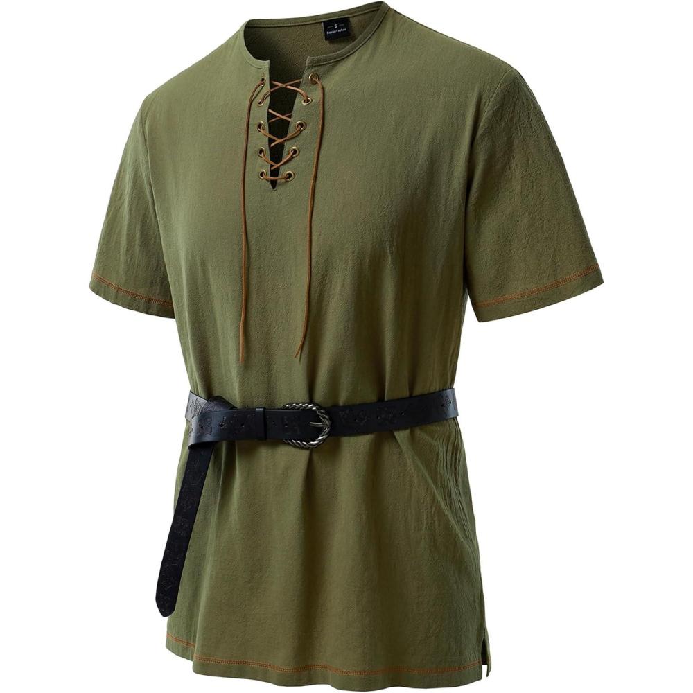 imageJEMITOP Mens Pure Cotton Retro Short Sleeves Lace Up Shirts for Casual Renaissance Pirate Medieval Viking Without BeltArmy Green