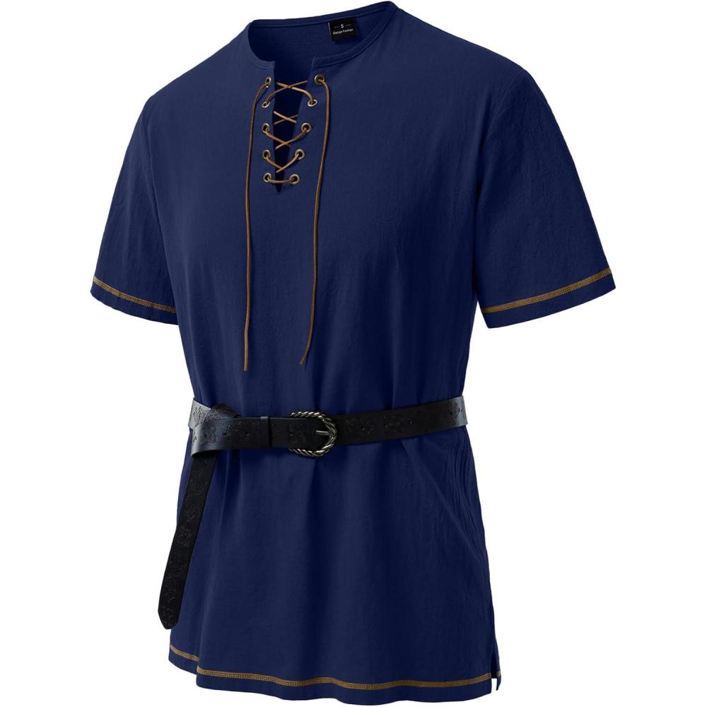 imageJEMITOP Mens Pure Cotton Retro Short Sleeves Lace Up Shirts for Casual Renaissance Pirate Medieval Viking Without BeltDark Blue