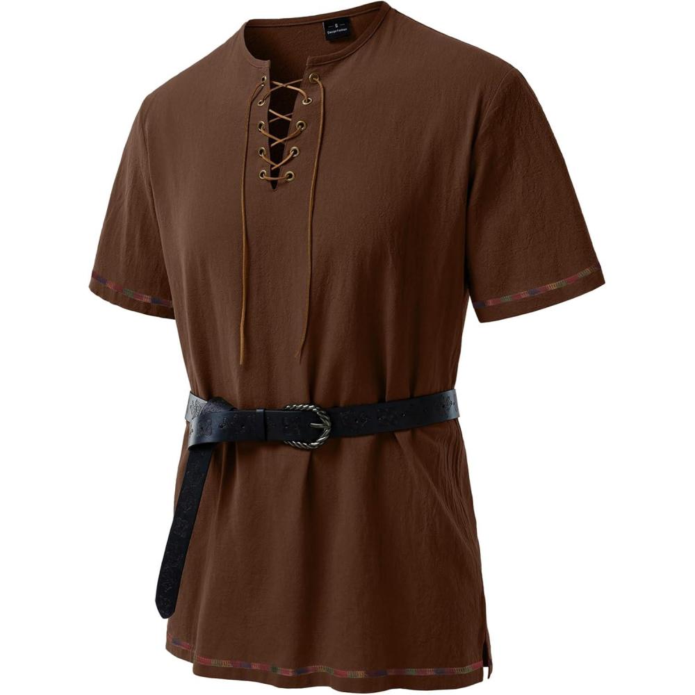 imageJEMITOP Mens Pure Cotton Retro Short Sleeves Lace Up Shirts for Casual Renaissance Pirate Medieval Viking Without BeltDark Brown