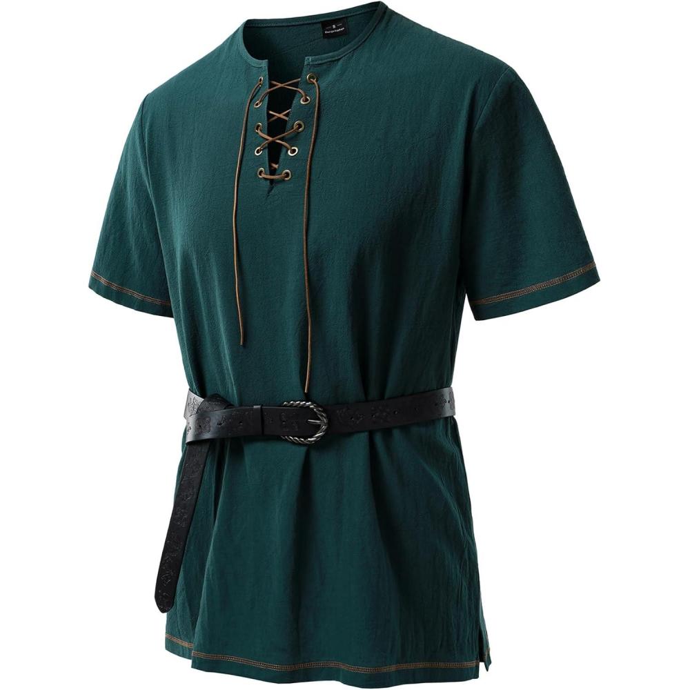imageJEMITOP Mens Pure Cotton Retro Short Sleeves Lace Up Shirts for Casual Renaissance Pirate Medieval Viking Without BeltDark Green