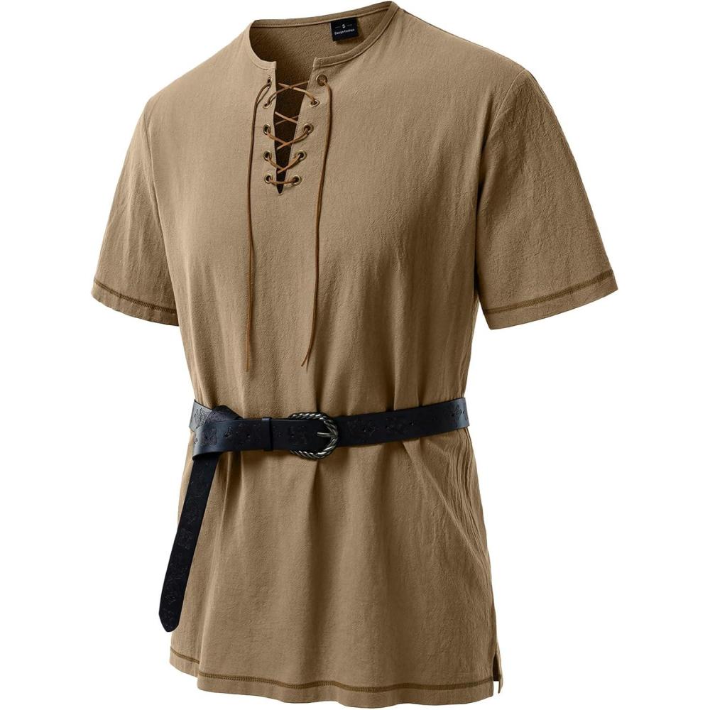 imageJEMITOP Mens Pure Cotton Retro Short Sleeves Lace Up Shirts for Casual Renaissance Pirate Medieval Viking Without BeltDark Khaki