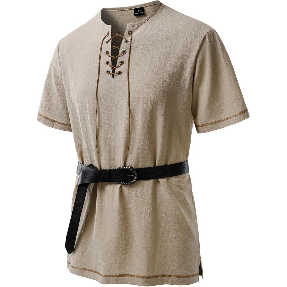 imageJEMITOP Mens Pure Cotton Retro Short Sleeves Lace Up Shirts for Casual Renaissance Pirate Medieval Viking Without BeltKhaki