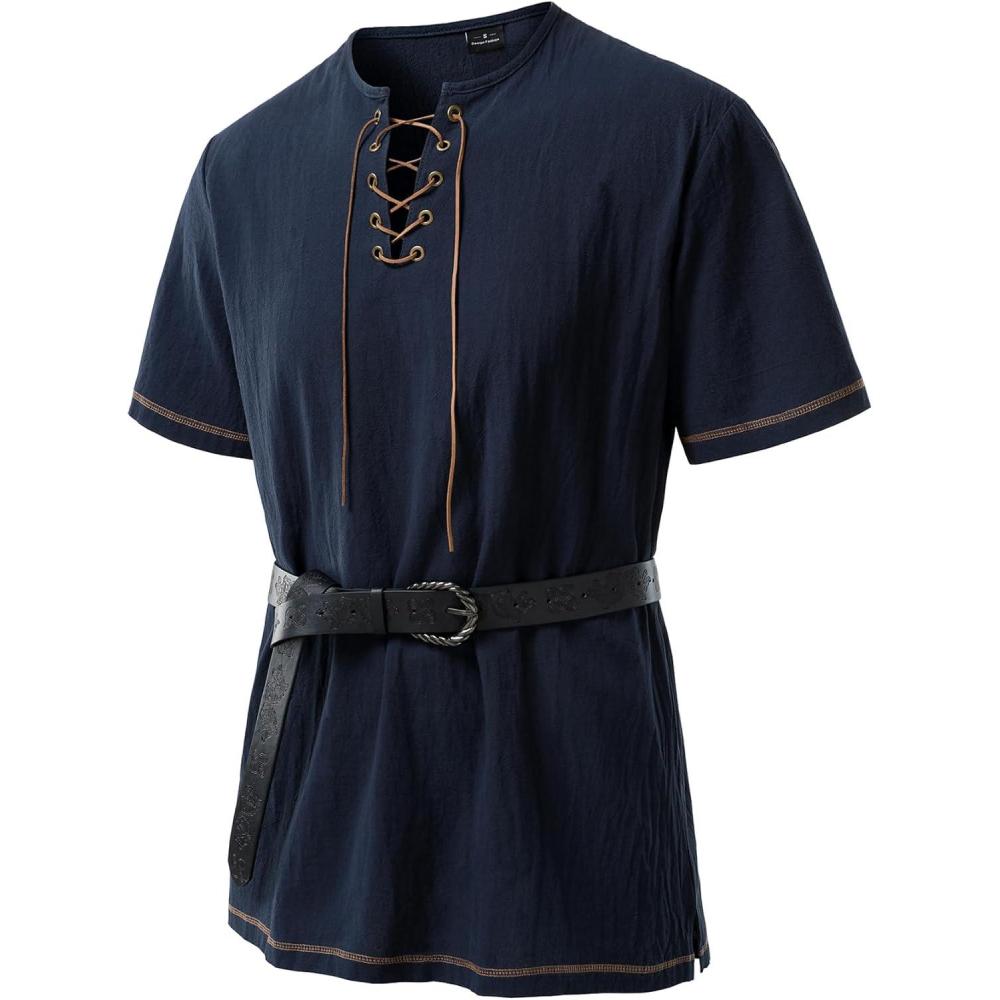 imageJEMITOP Mens Pure Cotton Retro Short Sleeves Lace Up Shirts for Casual Renaissance Pirate Medieval Viking Without BeltNavy Blue