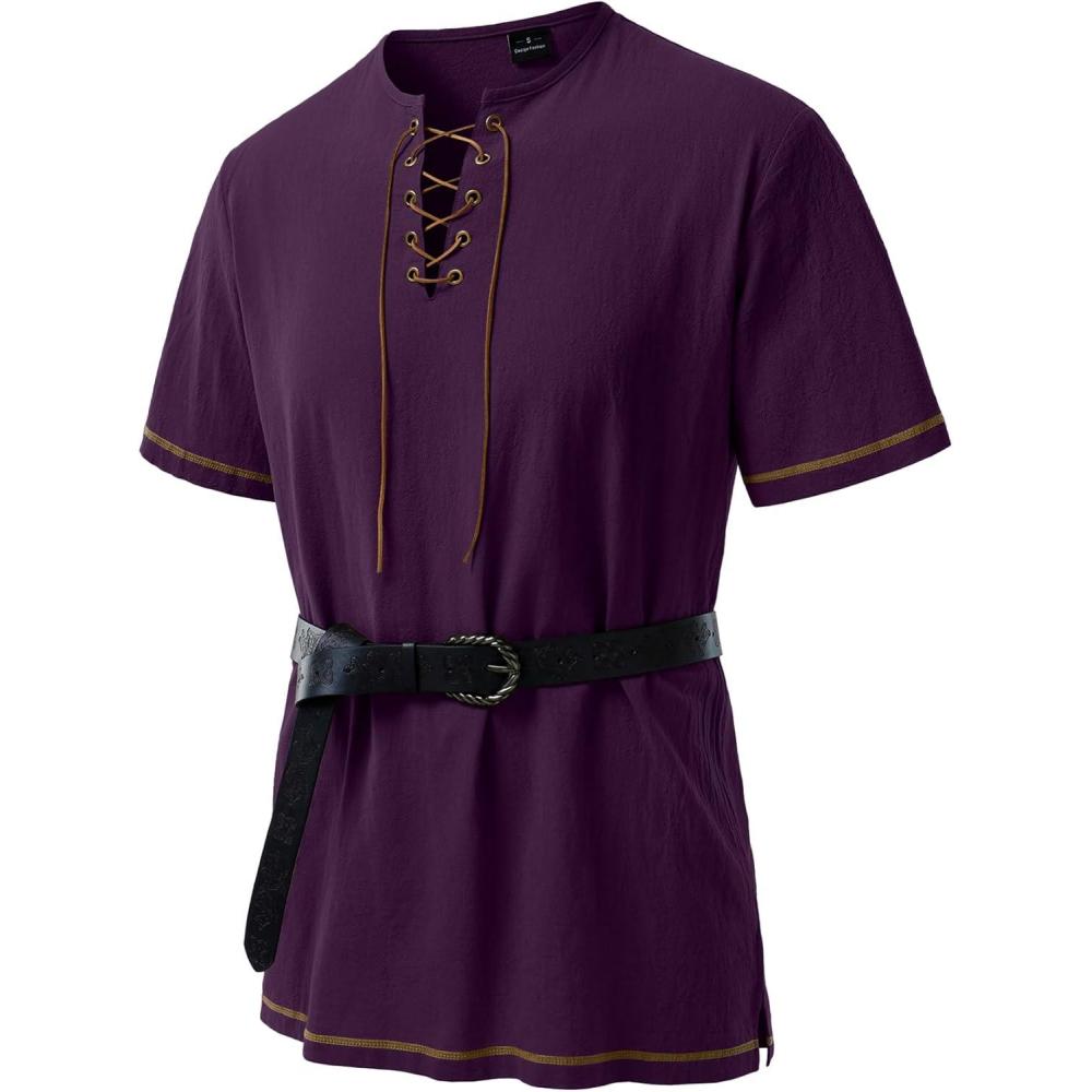 imageJEMITOP Mens Pure Cotton Retro Short Sleeves Lace Up Shirts for Casual Renaissance Pirate Medieval Viking Without BeltPurple