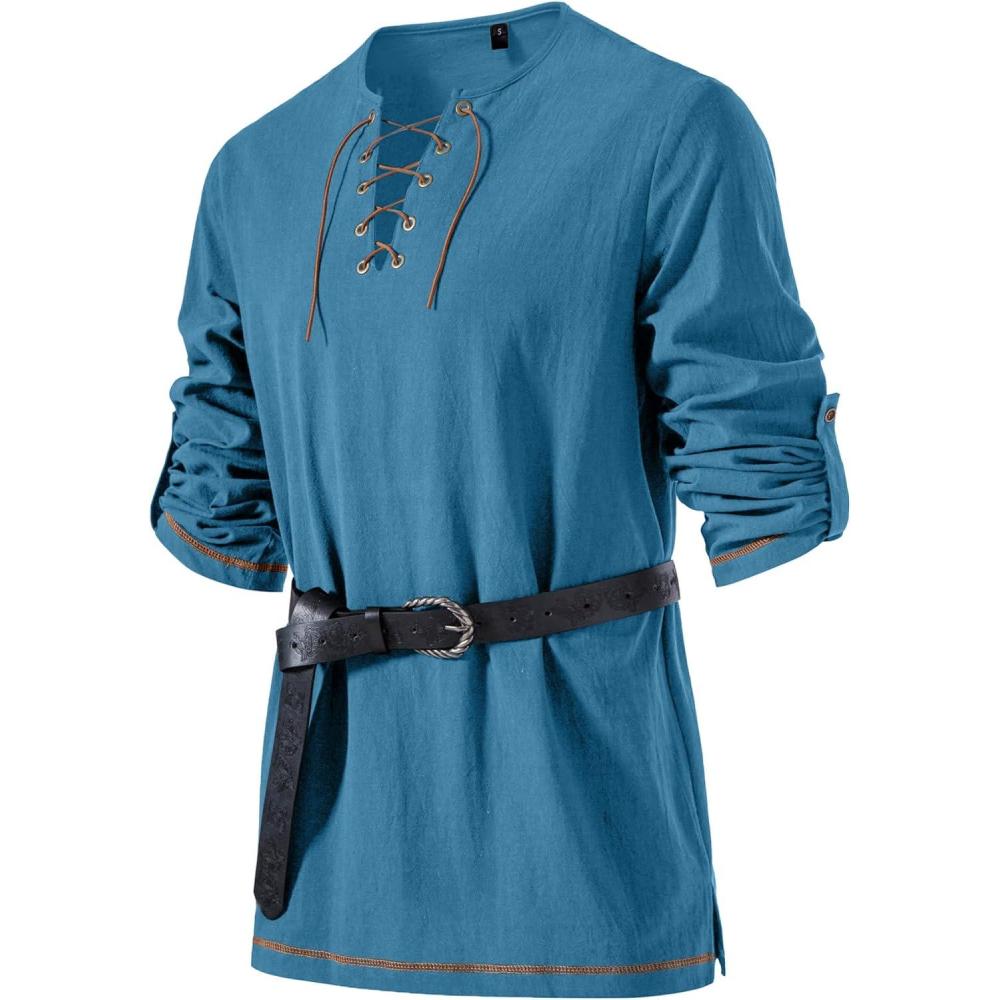 imageJEMITOP Mens Pure Cotton Vintage Lace Up Shirts for Pirate Renaissance Viking Medieval Costume Without BeltBlue