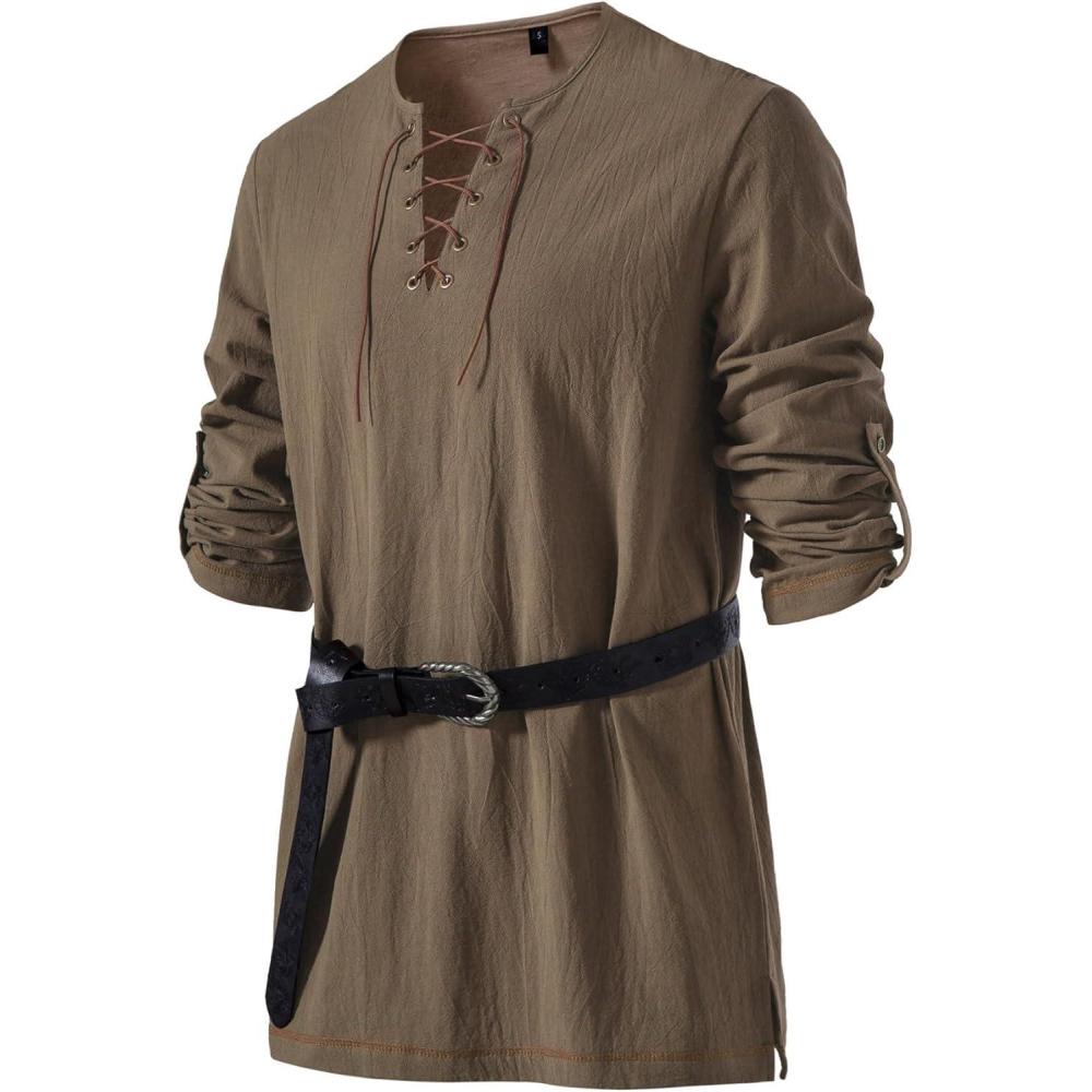 imageJEMITOP Mens Pure Cotton Vintage Lace Up Shirts for Pirate Renaissance Viking Medieval Costume Without BeltCoffee