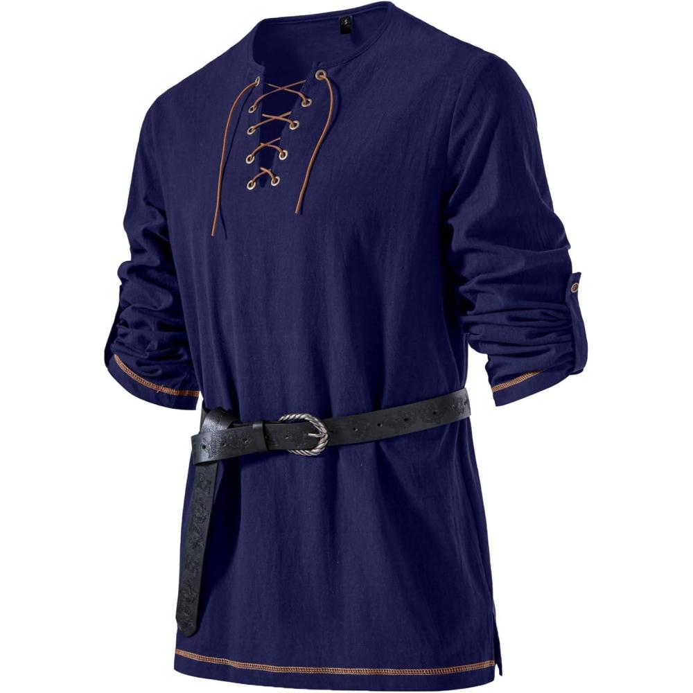 imageJEMITOP Mens Pure Cotton Vintage Lace Up Shirts for Pirate Renaissance Viking Medieval Costume Without BeltDark Blue