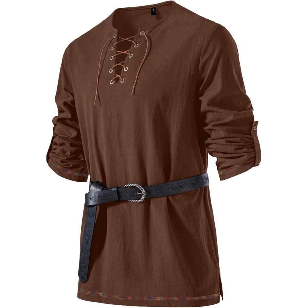 imageJEMITOP Mens Pure Cotton Vintage Lace Up Shirts for Pirate Renaissance Viking Medieval Costume Without BeltDark Brown