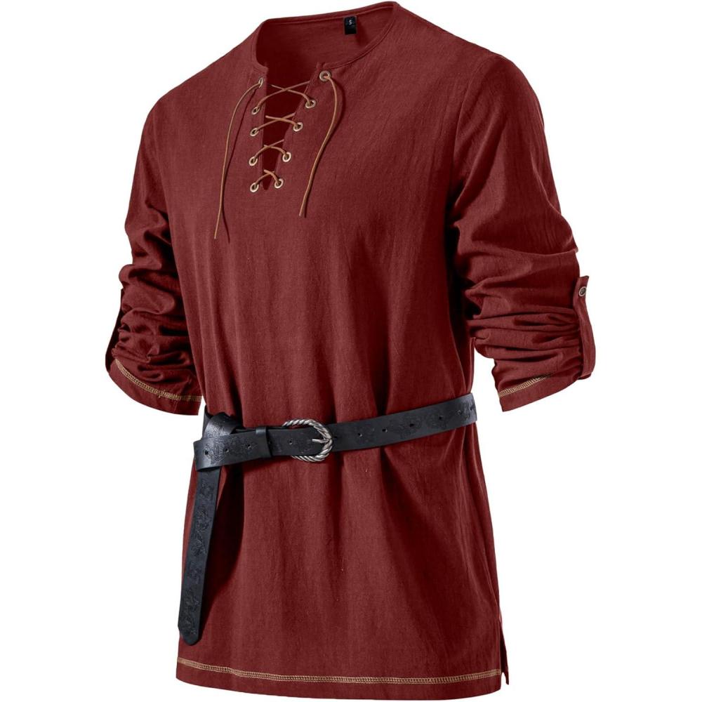 imageJEMITOP Mens Pure Cotton Vintage Lace Up Shirts for Pirate Renaissance Viking Medieval Costume Without BeltRust Red