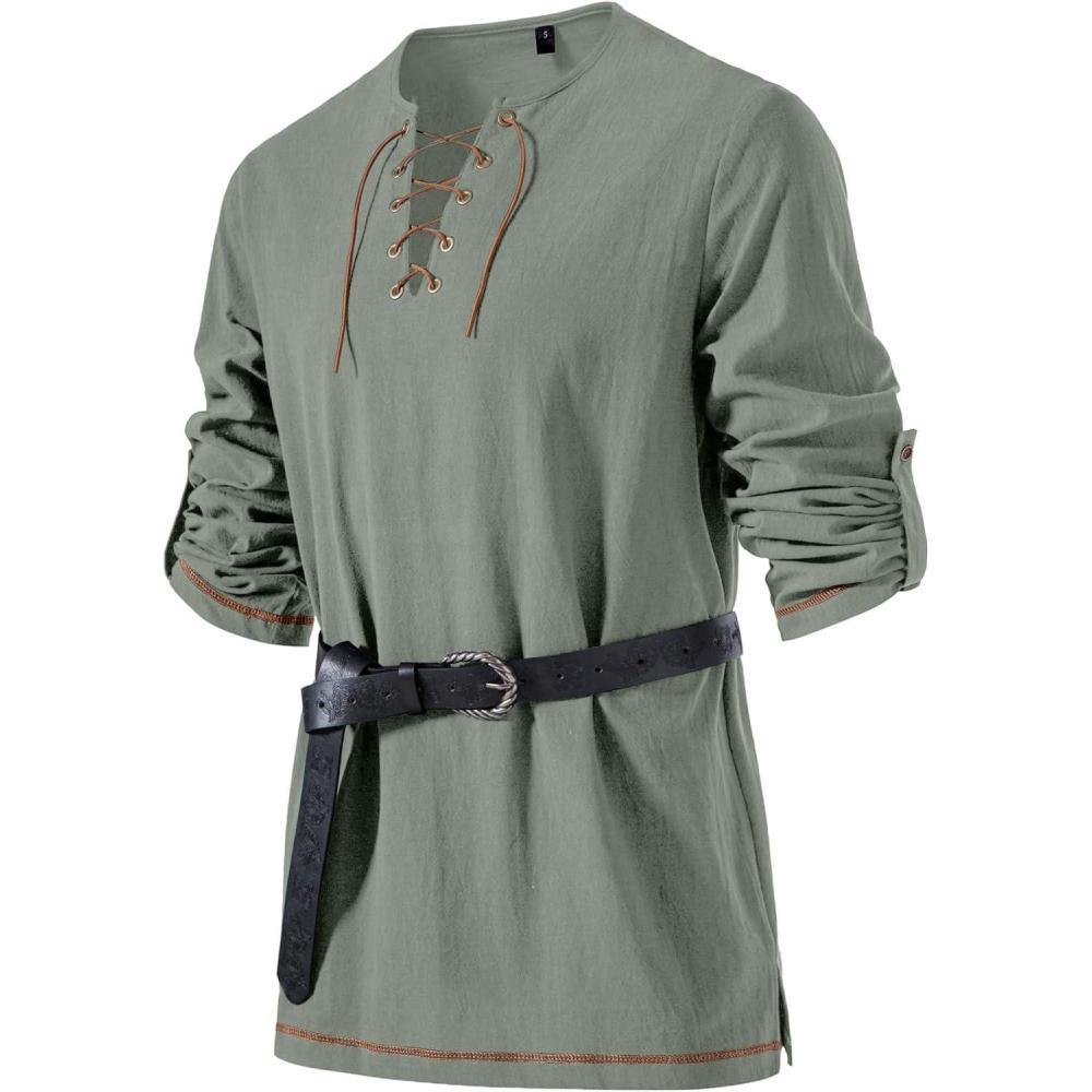 imageJEMITOP Mens Pure Cotton Vintage Lace Up Shirts for Pirate Renaissance Viking Medieval Costume Without BeltSage Green