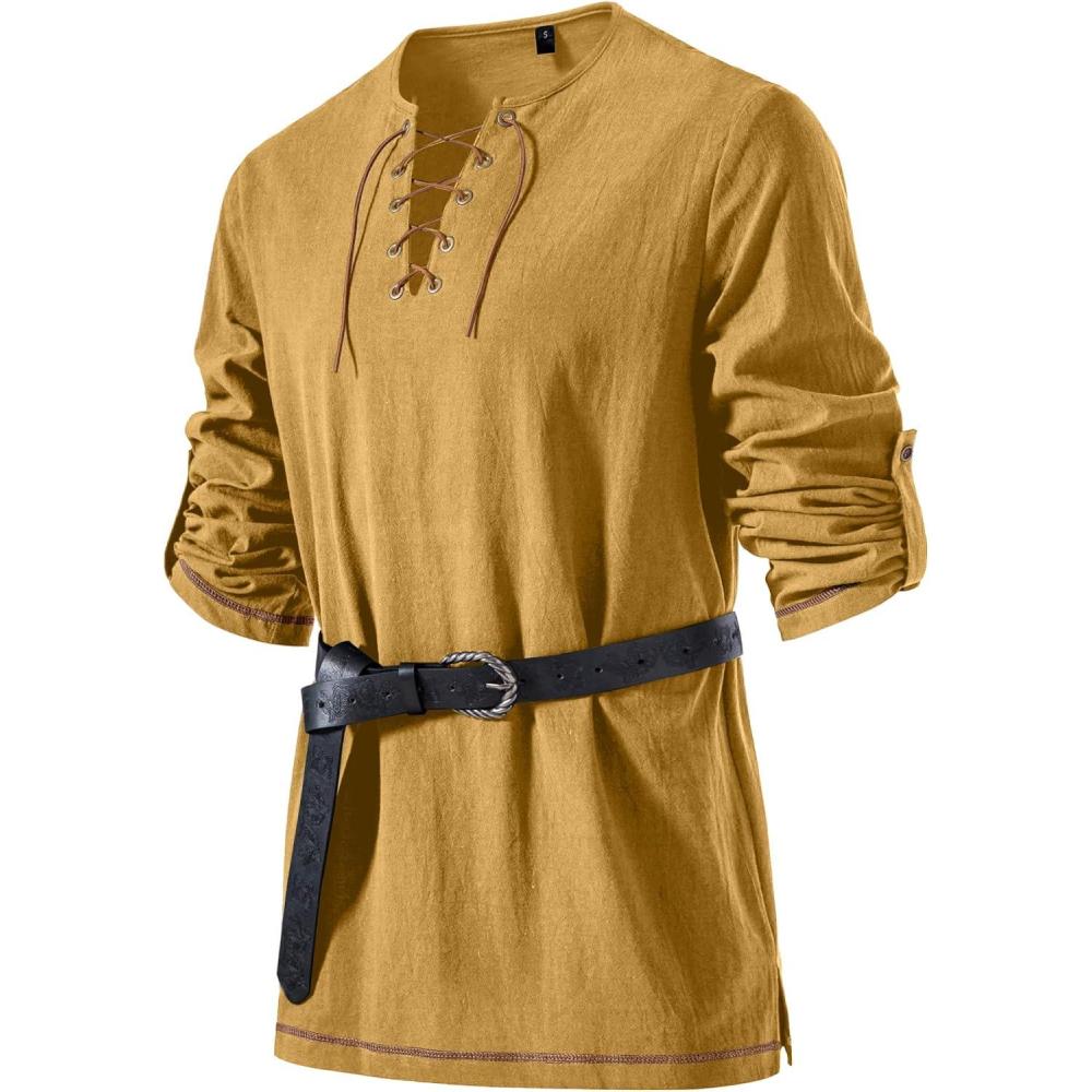 imageJEMITOP Mens Pure Cotton Vintage Lace Up Shirts for Pirate Renaissance Viking Medieval Costume Without BeltYellow