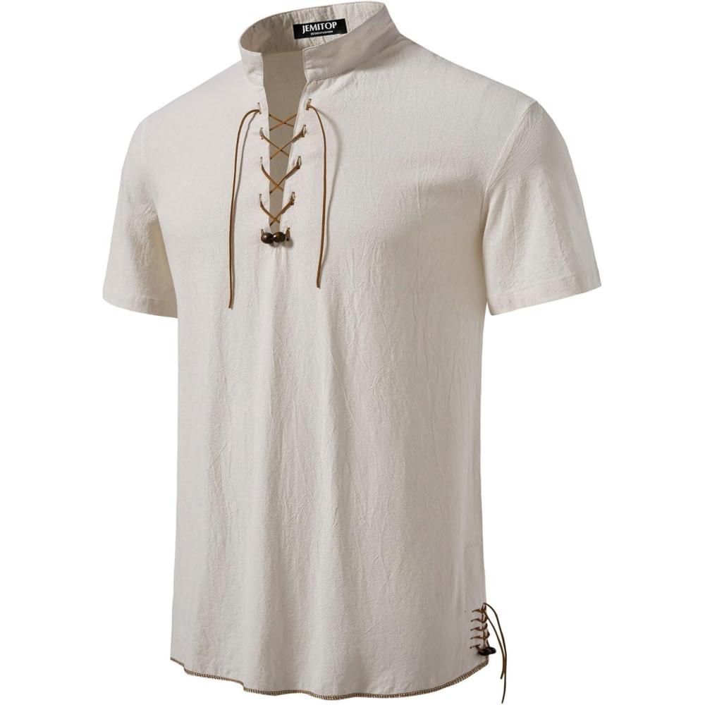 imageJEMITOP Mens Pure Cotton Vintage Short Sleeve Lace Up Shirts for Renaissance Pirate Viking Medieval CostumeBeige