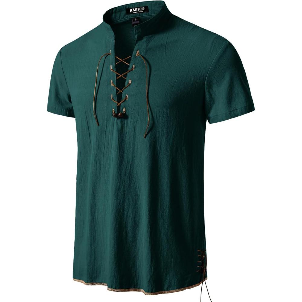 imageJEMITOP Mens Pure Cotton Vintage Short Sleeve Lace Up Shirts for Renaissance Pirate Viking Medieval CostumeDark Green