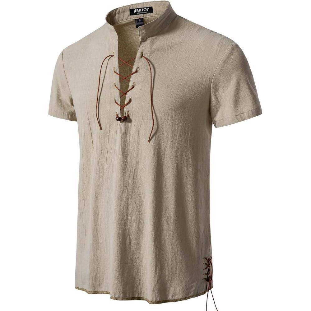 imageJEMITOP Mens Pure Cotton Vintage Short Sleeve Lace Up Shirts for Renaissance Pirate Viking Medieval CostumeKhakib