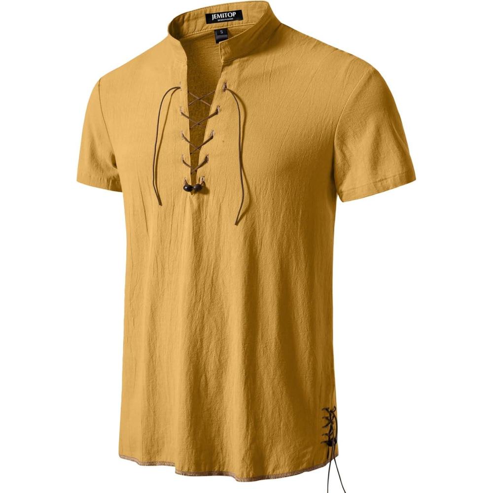 imageJEMITOP Mens Pure Cotton Vintage Short Sleeve Lace Up Shirts for Renaissance Pirate Viking Medieval CostumeYellow