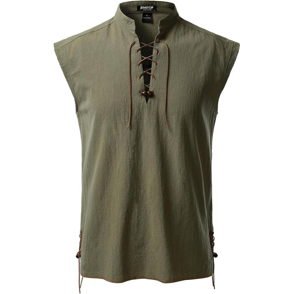 imageJEMITOP Mens Retro Pure Cotton Lace Up Sleeveless Shirts for Pirate Renaissance Medieval Viking CostumeArmy Green