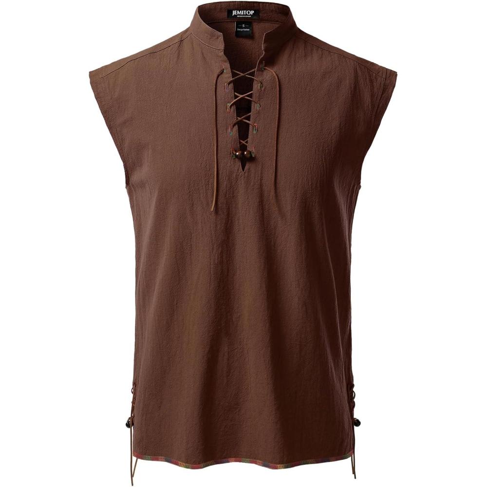 imageJEMITOP Mens Retro Pure Cotton Lace Up Sleeveless Shirts for Pirate Renaissance Medieval Viking CostumeCoffee