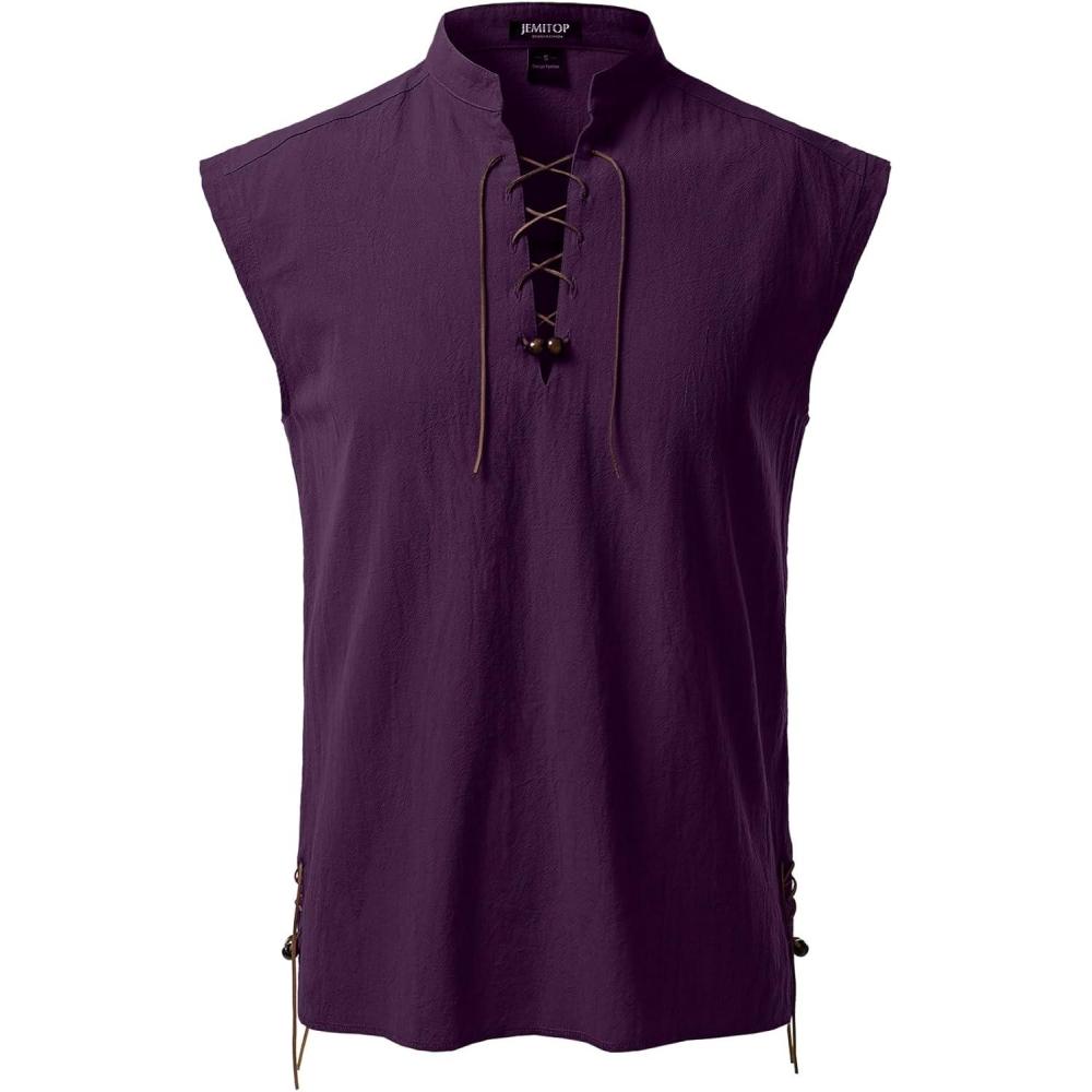 imageJEMITOP Mens Retro Pure Cotton Lace Up Sleeveless Shirts for Pirate Renaissance Medieval Viking CostumePurple