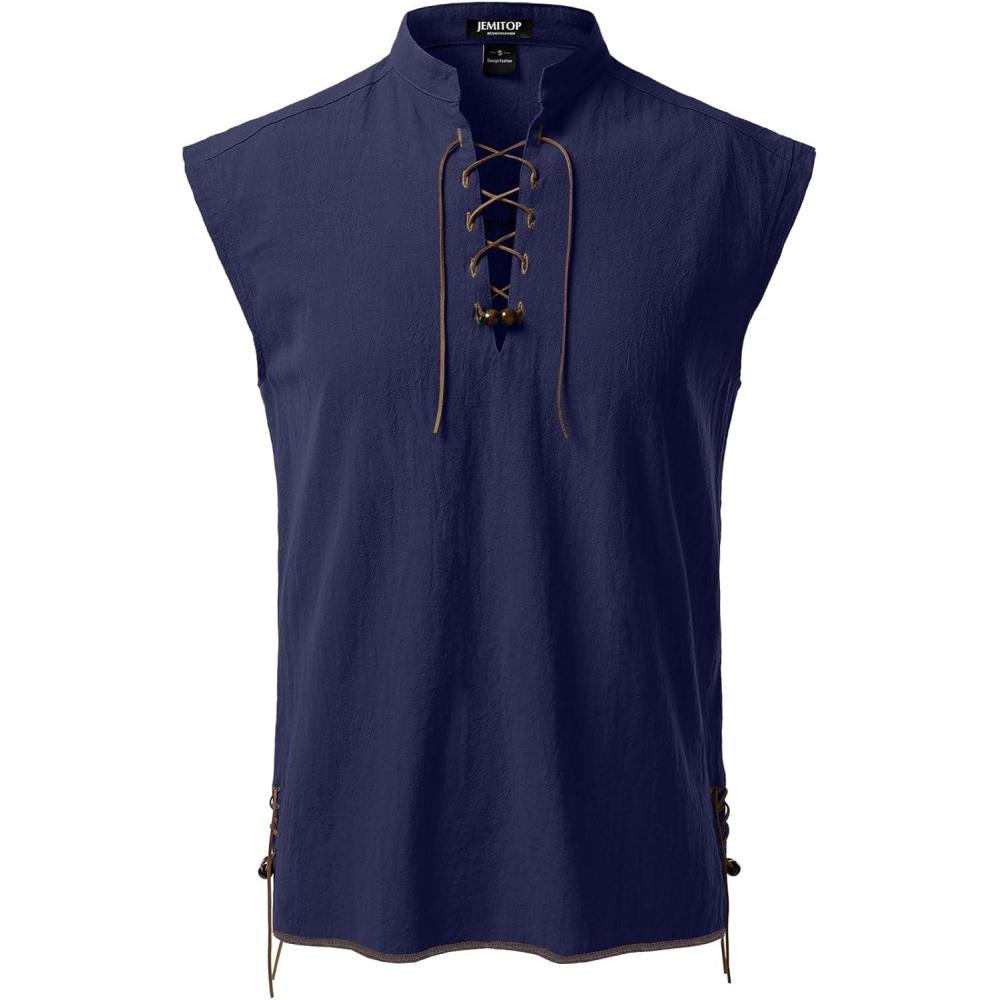 imageJEMITOP Mens Retro Pure Cotton Lace Up Sleeveless Shirts for Pirate Renaissance Medieval Viking CostumeRetro Navy Blue