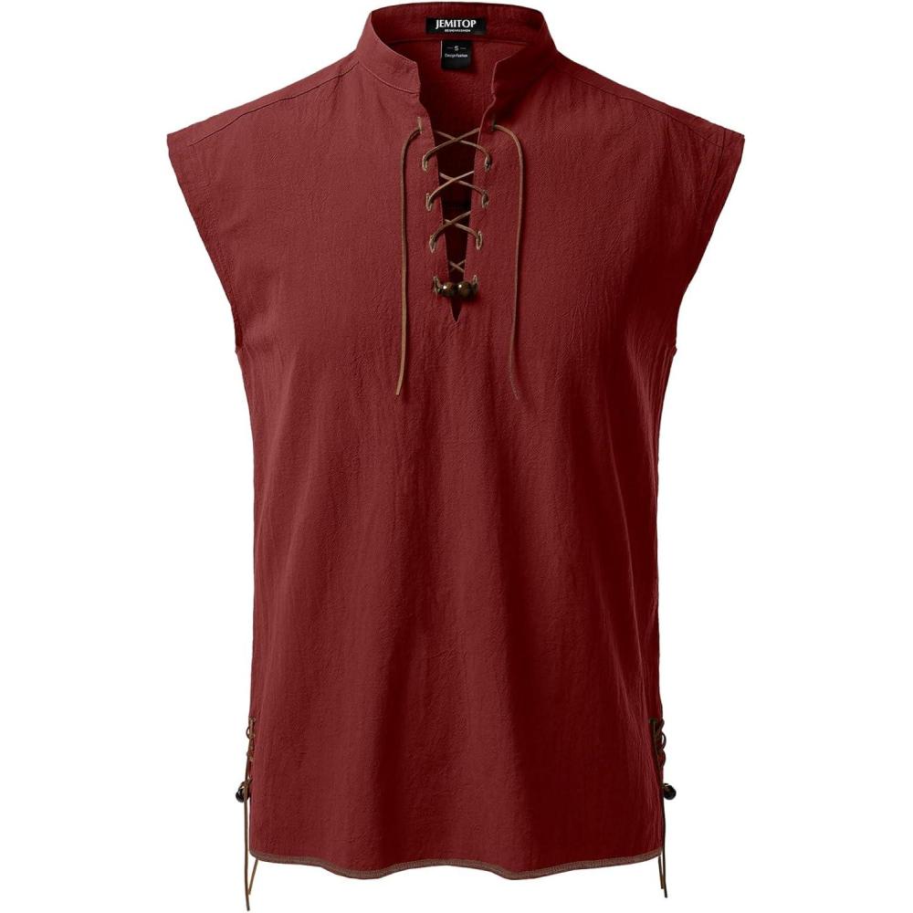 imageJEMITOP Mens Retro Pure Cotton Lace Up Sleeveless Shirts for Pirate Renaissance Medieval Viking CostumeRust Red