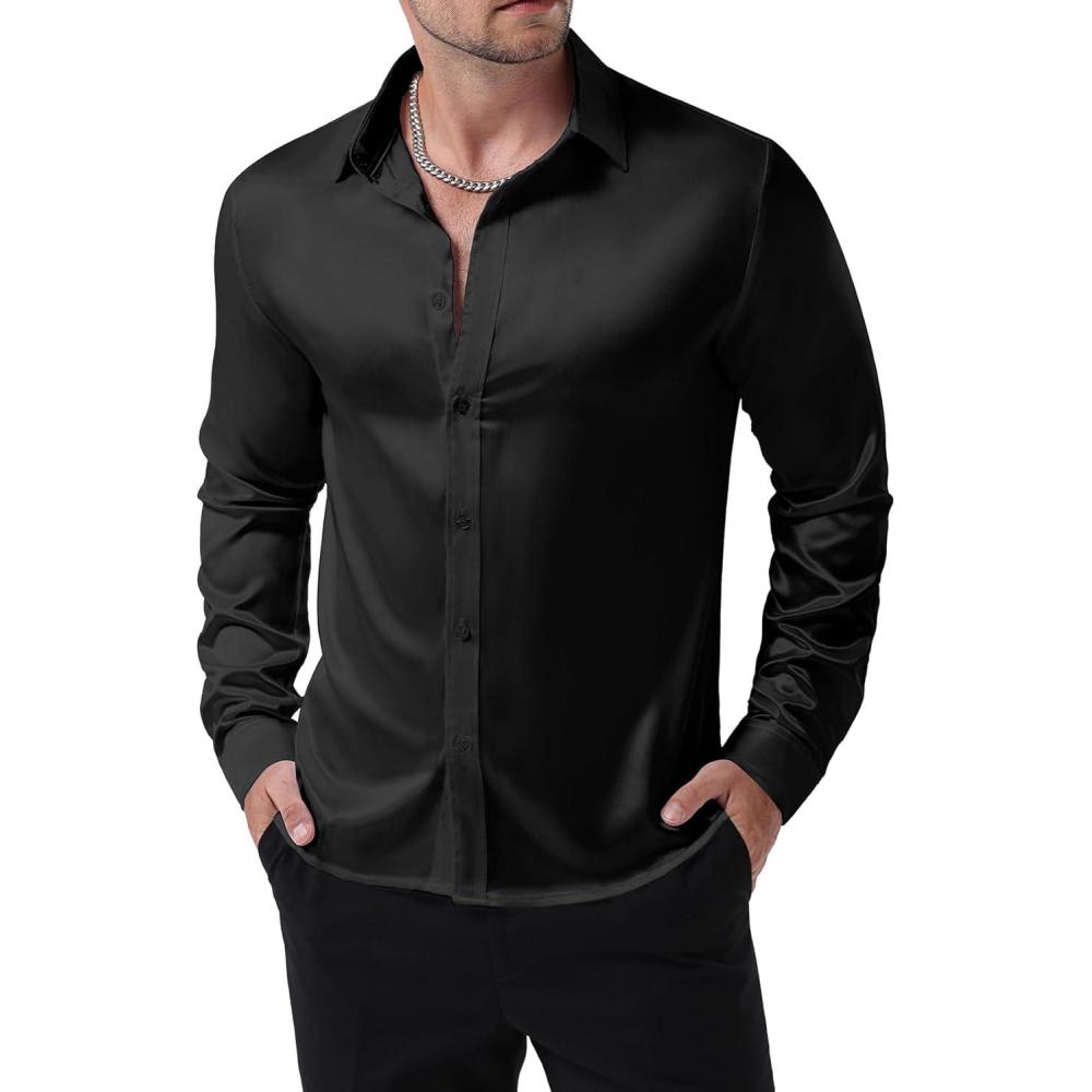 imageJEMITOP Mens Shiny Luxury Satin Slim Fit Dress Shirts SilkLike Glossy Long Sleeve Button Down Shirts for Wedding Party PromBlack
