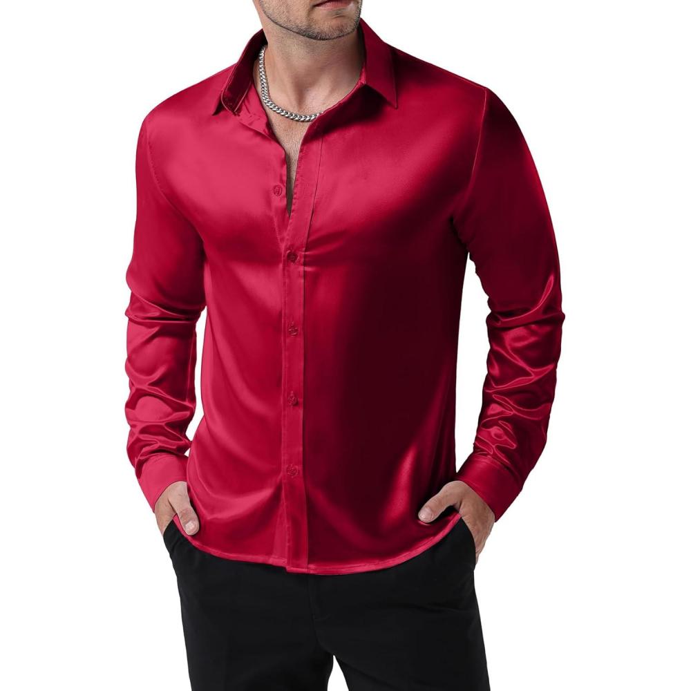 imageJEMITOP Mens Shiny Luxury Satin Slim Fit Dress Shirts SilkLike Glossy Long Sleeve Button Down Shirts for Wedding Party PromBurgundy