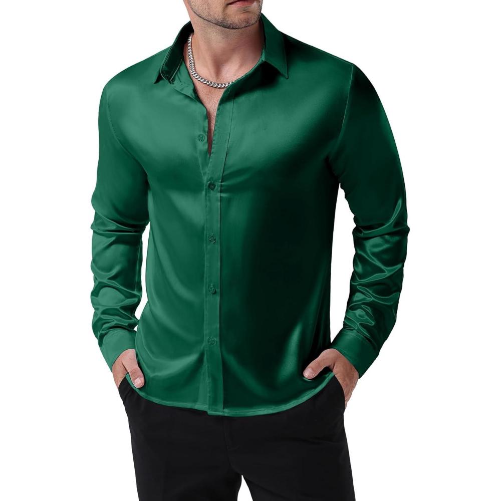 imageJEMITOP Mens Shiny Luxury Satin Slim Fit Dress Shirts SilkLike Glossy Long Sleeve Button Down Shirts for Wedding Party PromDark Green